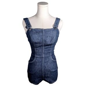 Vintage 50s Dark Wash Denim Pinup Romper Overall Bodysuit Playsuit Rockabilly XS